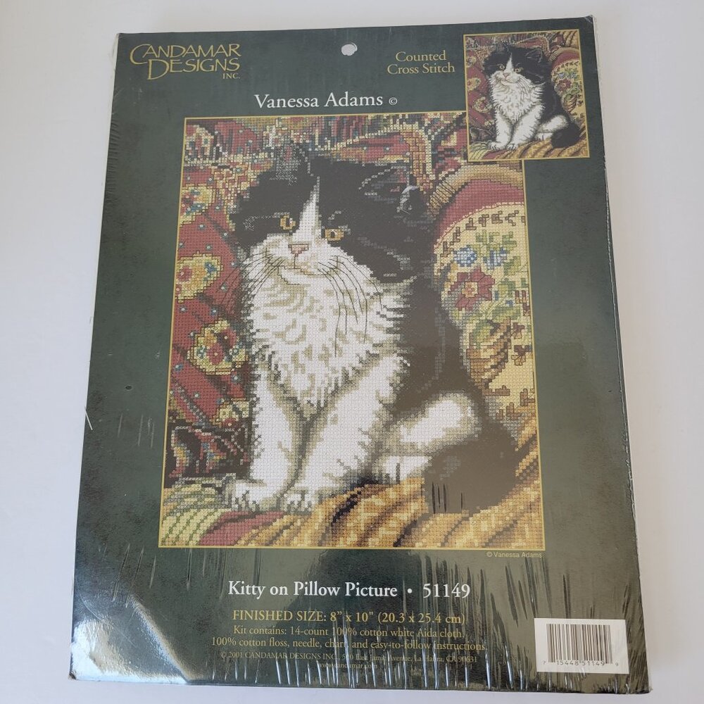 Vtg Candamar  Designs Counted Cross Stitch  "KITTY ON PILLOW" #51149 NIP
